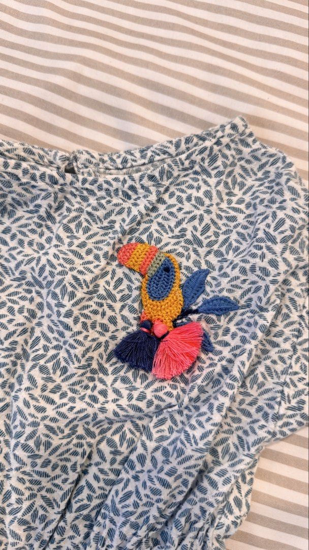 Gingersnaps Tiny Blue Leaf Print Romper Size 12 (Category: Babies & Kids Fashion) located in General Trias. Submitted by dphazel (Listing ID 1470049536, Image 2). Description: - Brand/Style: Gingersnaps Tiny blue & white leaf print romper - Size: 12 months (best fit 9-18mos) - Features: Adorable embroidered toucan patch with colorful tassels, elastic waist, and short sleeves - Convenience: Snap buttons down the legs for quick and easy diaper chan