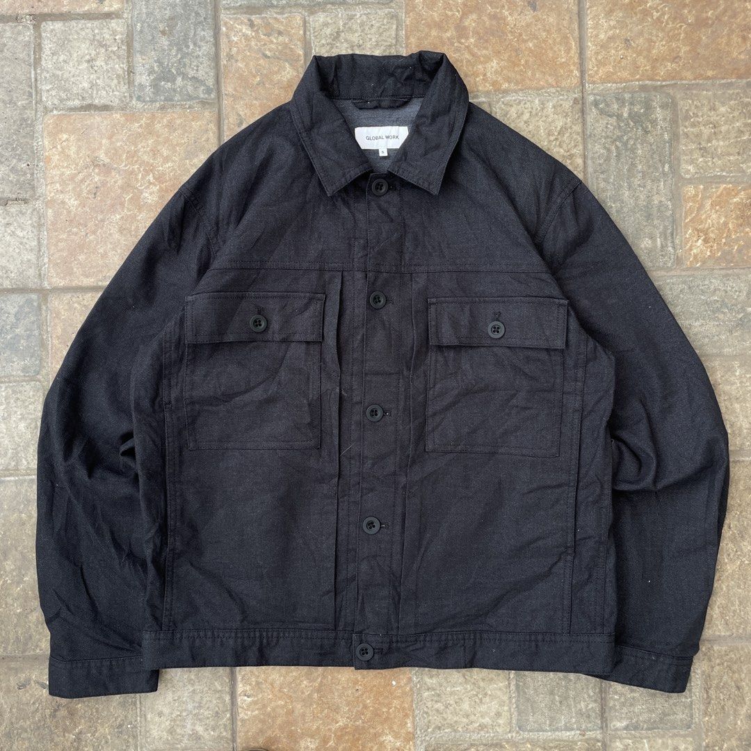 Global Work Dark Grey Stretch Denim Trucker Jacket (Category: Coats, Jackets and Outerwear) located in Pasig City. Submitted by icie_finds (Listing ID 1469991771, Image 1). Description: Global Work Dark Grey Stretch Denim Trucker Jacket Size: Small (S) DIMES / Measurements: - W 22.5 - L 24.5 Condition: Excellent pre-owned condition (Clean weave, no flaws) Price: ₱1,500 Details & Features: - Authentic Japanese streetwear brand Global Work main nec