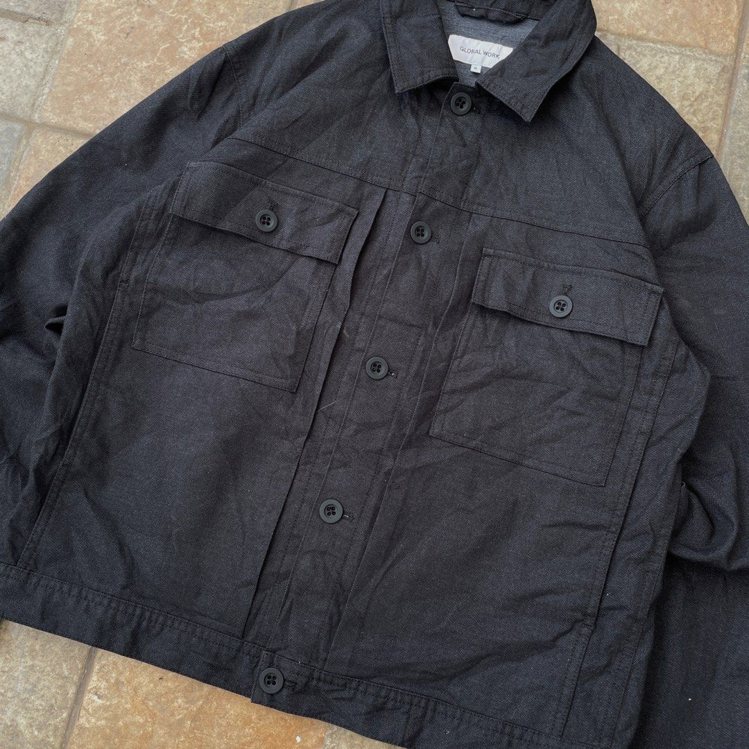 Global Work Dark Grey Stretch Denim Trucker Jacket (Category: Coats, Jackets and Outerwear) located in Pasig City. Submitted by icie_finds (Listing ID 1469991771, Image 2). Description: Global Work Dark Grey Stretch Denim Trucker Jacket Size: Small (S) DIMES / Measurements: - W 22.5 - L 24.5 Condition: Excellent pre-owned condition (Clean weave, no flaws) Price: ₱1,500 Details & Features: - Authentic Japanese streetwear brand Global Work main nec