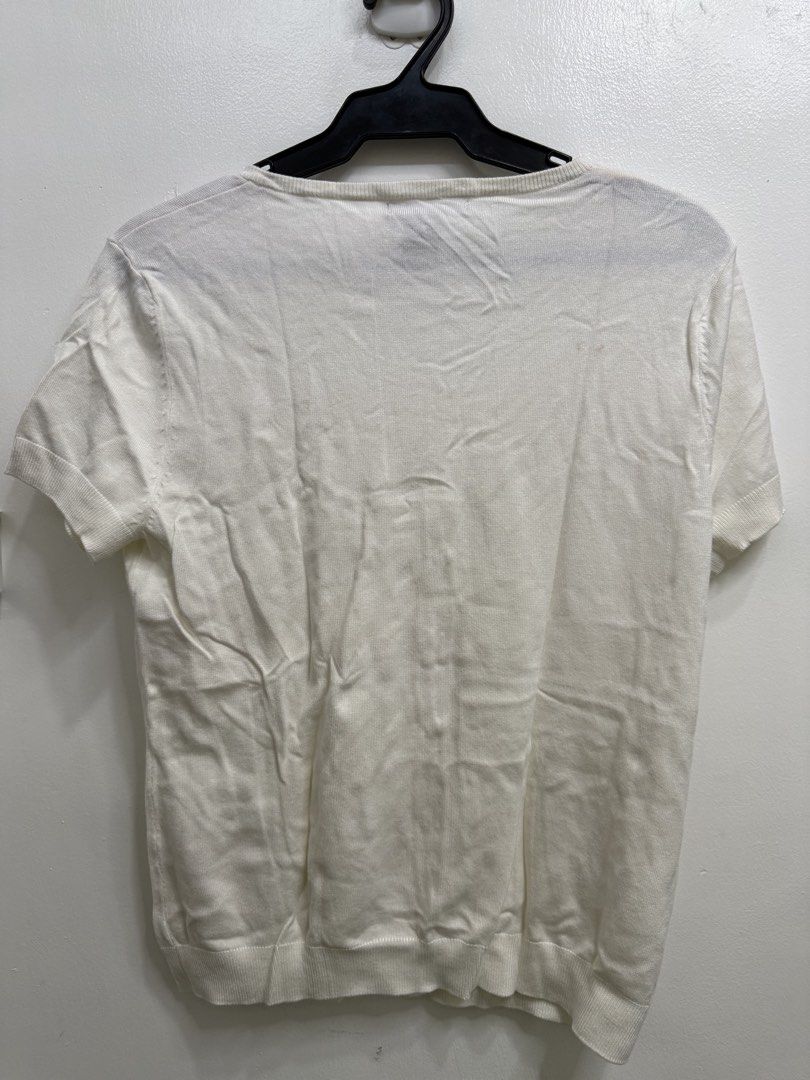 Grace Elements White Short Sleeve Knit Cardigan Size M (Category: Blouses) located in Quezon City. Submitted by reivia.vend (Listing ID 1469998848, Image 3). Description: - Brand: Grace Elements - Color: Classic White - Size: M (78% Rayon, 22% Nylon) - Style: Short-sleeve knit cardigan with a round neckline - Details: Elegant gold-toned front buttons, ribbed hem and sleeve cuffs - Condition: Excellent, great for everyday layering or smart-casual 