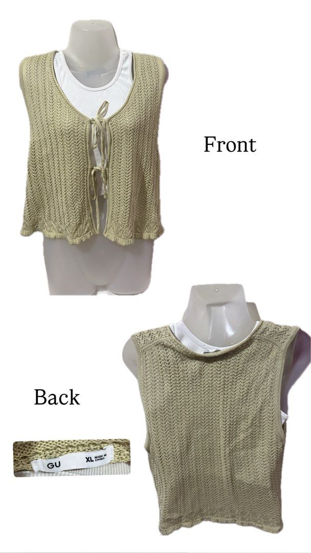 GU Knit Vest Olive Green XL (Category: Sleeveless) located in Marilao. Submitted by bamito (Listing ID 1470127095, Image 1). Description: - Brand: GU - Size: XL - Design: Open front with double tie closures, round neckline, sleeveless .