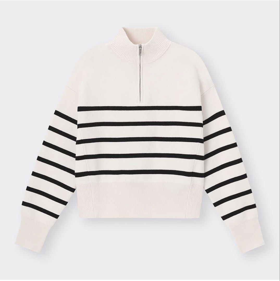 GU Striped Half-Zip Knit Pullover Sweater (Category: Coats, Jackets and Outerwear) located in Dasmarinas. Submitted by aoe.ae (Listing ID 1469999059, Image 1). Description: - Cream knit sweater with chic horizontal black stripes - Half-zip front featuring a stylish high collar - Long sleeves with ribbed cuffs and hem for a snug fit - Soft, comfortable material ideal for cooler weather .