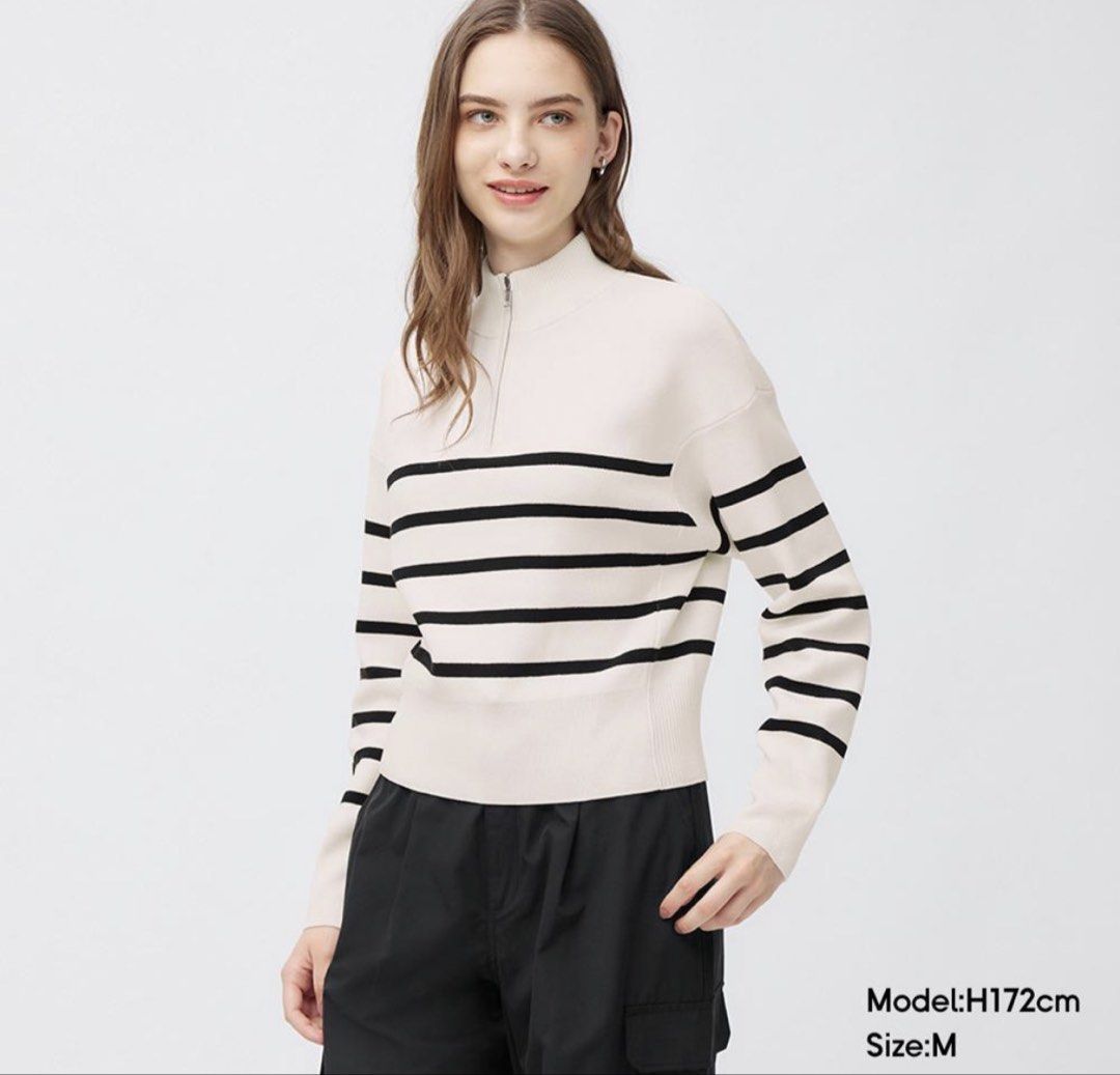 GU Striped Half-Zip Knit Pullover Sweater (Category: Coats, Jackets and Outerwear) located in Dasmarinas. Submitted by aoe.ae (Listing ID 1469999059, Image 2). Description: - Cream knit sweater with chic horizontal black stripes - Half-zip front featuring a stylish high collar - Long sleeves with ribbed cuffs and hem for a snug fit - Soft, comfortable material ideal for cooler weather .