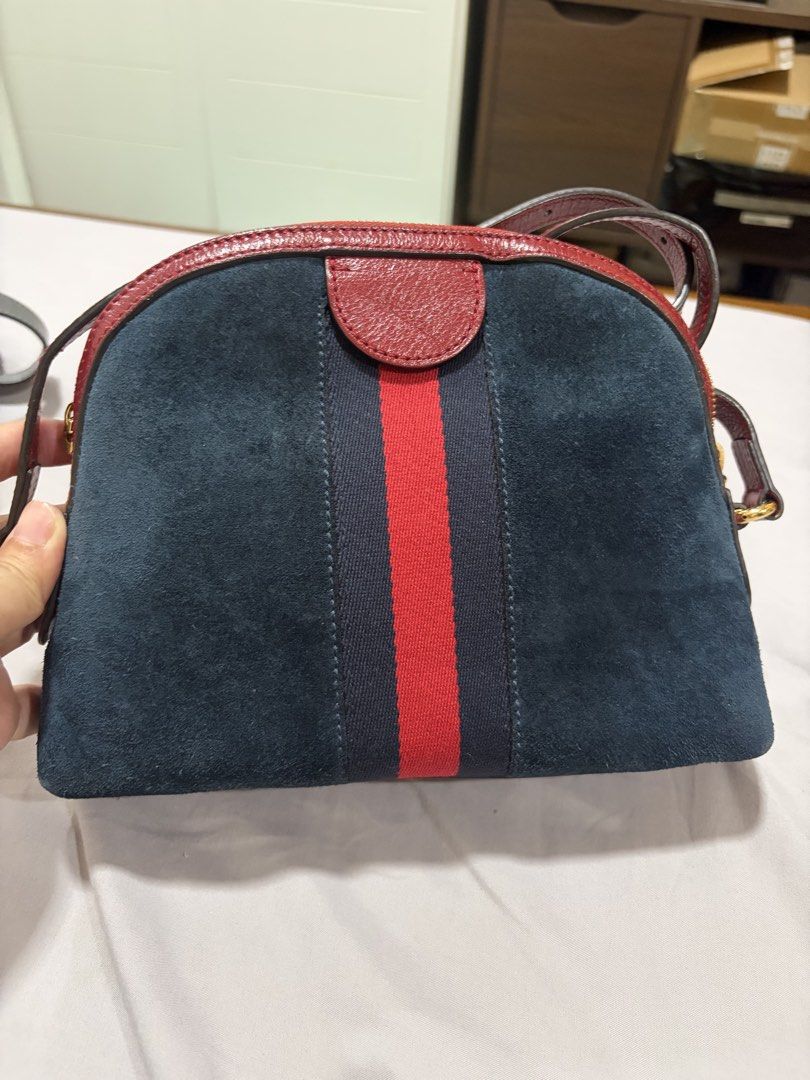 Gucci Ophidia dome suede small (Category: Luxury Bags & Wallets) located in Makati City. Submitted by rnathaliem (Listing ID 1469981181, Image 3). Description: Gucci Suede Calfskin Web Small Ophidia Dome Shoulder Bag in a blue suede finish with red leather trim.