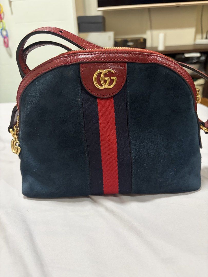 Gucci Ophidia dome suede small (Category: Luxury Bags & Wallets) located in Makati City. Submitted by rnathaliem (Listing ID 1469981181, Image 1). Description: Gucci Suede Calfskin Web Small Ophidia Dome Shoulder Bag in a blue suede finish with red leather trim.