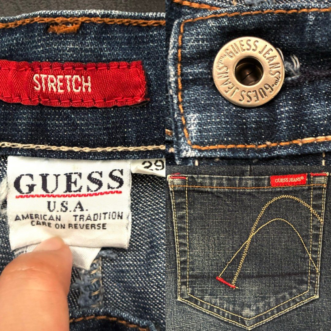 Guess Low Rise Stretch Jeans Size 29 (Category: Jeans) located in Tanauan. Submitted by theitgirlsdibs4 (Listing ID 1469978674, Image 3). Description: - Brand: Guess - Style: Low-rise stretch jeans - Color: Medium blue wash - Size: Tagged size 29 - Features: Classic 5-pocket design, signature back pocket stitching, button fly closure - Material: Soft denim with comfortable stretch - Condition: Excellent.