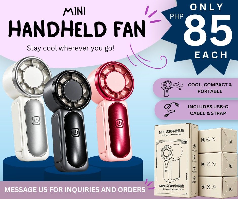 Handheld fan (Category: Fans) located in Manila. Submitted by biancaaa18 (Listing ID 1470083238, Image 1). Description: QUALITY Mini Handheld Fan 💯 EL Niño to Summer Stocks and supply‼️‼️ Wholesale and retail package. - Cold - Durable - Handcarry and Compact Stocks: 1k+ Color: Black, White, Pink PHP 85 ONLY ‼️‼️ Meetup location: Lipa Batangas, Dasma, Las pinas, MOA, Los Banos, Antipolo, Katipunan QC, Calamba Laguna, Pasig.
