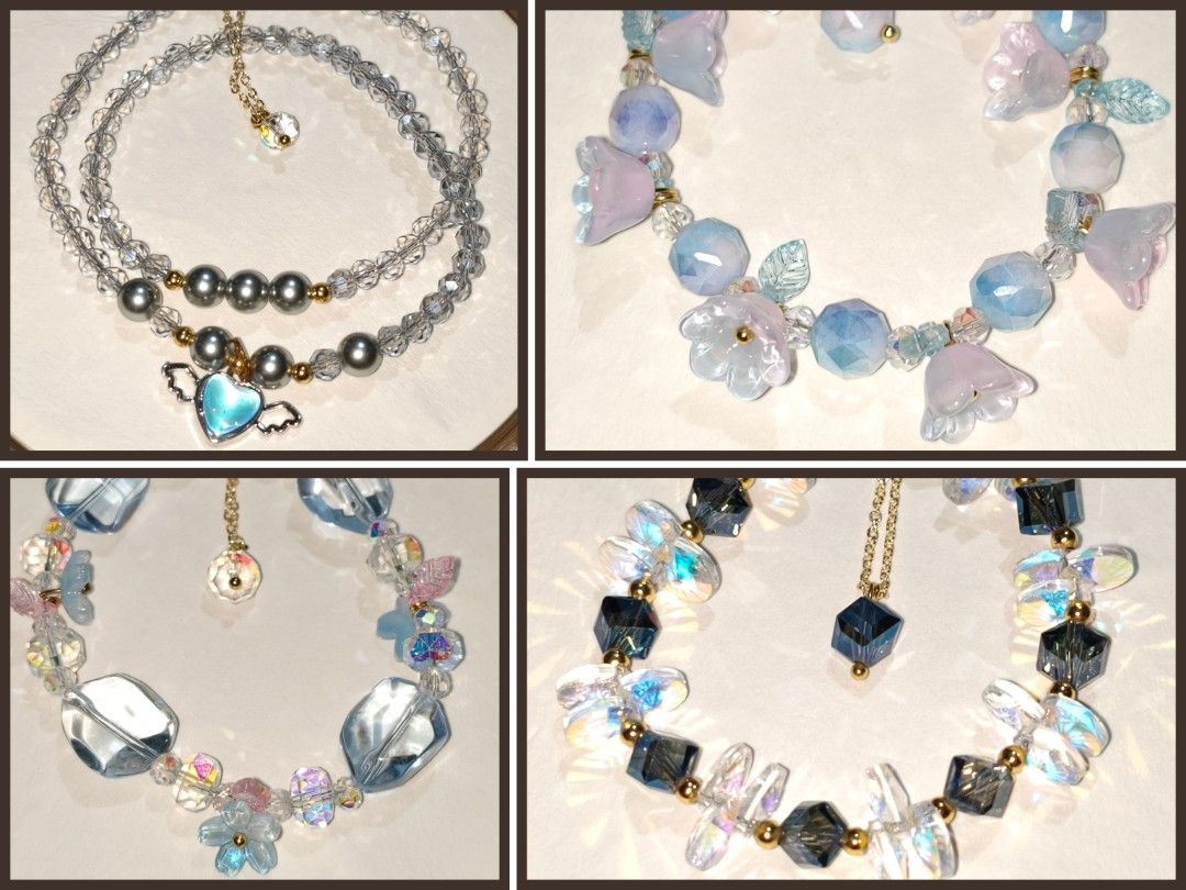 Handmade Beaded Charm Bracelets with Adjustable Chains (Category: Bracelets) located in Caloocan City. Submitted by books_and_beads (Listing ID 1470083277, Image 1). Description: - Handmade beaded bracelets - Features pastel flower beads, iridescent crystals, dark grey cubes, and light blue faceted stones: · Top Left (Grey Pearl Chain): An elegant, classic design featuring a double strand of clear, twisted glass beads with a row of metallic grey 