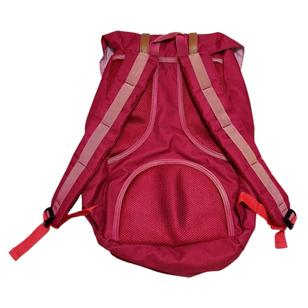 Herschel Backpack Red with Laptop Compartment (Category: Backpacks) located in Nasugbu. Submitted by staffpicks1515 (Listing ID 1470093162, Image 2). Description: - Brand: Herschel - Color: Vibrant red with brown leather-look details - Interior: Signature red and white striped lining with a dedicated padded laptop sleeve - Exterior: Front zippered pocket with classic woven brand patch and magnetic snap closures - Comfort: Adjustable shoulder stra