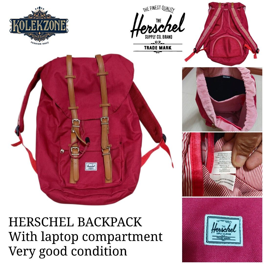 Herschel Backpack Red with Laptop Compartment (Category: Backpacks) located in Nasugbu. Submitted by staffpicks1515 (Listing ID 1470093162, Image 1). Description: - Brand: Herschel - Color: Vibrant red with brown leather-look details - Interior: Signature red and white striped lining with a dedicated padded laptop sleeve - Exterior: Front zippered pocket with classic woven brand patch and magnetic snap closures - Comfort: Adjustable shoulder stra
