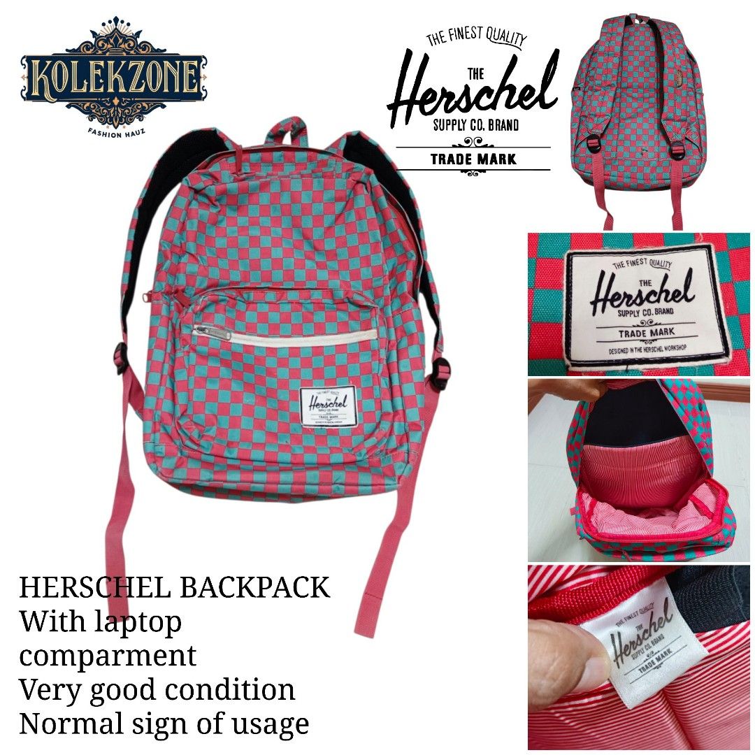 Herschel Supply Co. Checkered Pink and Turquoise Backpack (Category: Backpacks) located in Nasugbu. Submitted by staffpicks1515 (Listing ID 1470093393, Image 1). Description: - Brand: Herschel - Design: Bright pink and turquoise checkered pattern - Storage: Main compartment with laptop sleeve and front zip pocket - Details: Classic woven patch label, white zipper tape, and adjustable straps with black hardware - Interior: Signature striped fabric