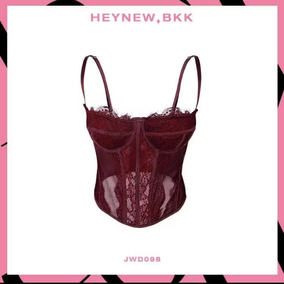 Heynew BKK Red Lace Corset Top (Category: Sleeveless) located in San Pedro. Submitted by lala_leila (Listing ID 1470078209, Image 3). Description: - Brand: Heynew BKK - Condition: Brand new with tags (BNWT) - Color: Burgundy/Maroon/Red - Features: Structured underwire cups, sheer mesh panels, delicate lace overlay - Fit: Adjustable straps with secure back hook-and-eye closure - Style: Versatile piece ideal for stylish layering or night out looks 