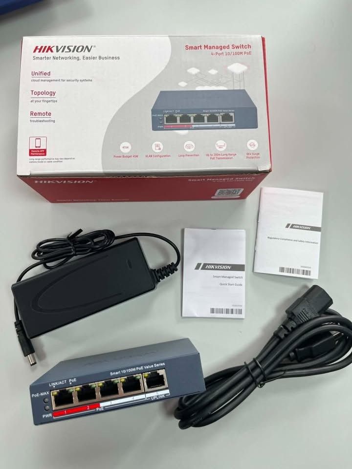 Hikvision Smart Managed Switch 4-Port 10/100M PoE (Category: Networking) located in Paranaque City. Submitted by digitalconcept.corp (Listing ID 1469962476, Image 2). Description: - Brand: Hikvision Smart Managed Switch - Ports: 4 PoE ports + 1 uplink port - Power Budget: 45W - Features: VLAN configuration and loop prevention - Inclusions: Original retail box, power adapter, power cord, and user manuals - Condition: Complete set as pictured, read