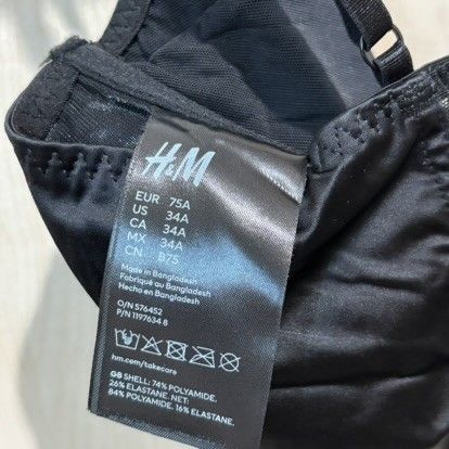 H&M Black Underwire Bralette Size 34A 75A (Category: Undergarments & Loungewear) located in Quezon City. Submitted by slvrbullet (Listing ID 1470139969, Image 3). Description: - Brand: H&M - Item: Black underwire bralette crop top - Size: 34A US/CA / 75A EUR / 75 CN - Closure: Hook and eye center front closure - Features: Adjustable straps and sheer mesh panels in the back and between cups - Material: Shell (74% polyamide, 26% elastane), Net (84%