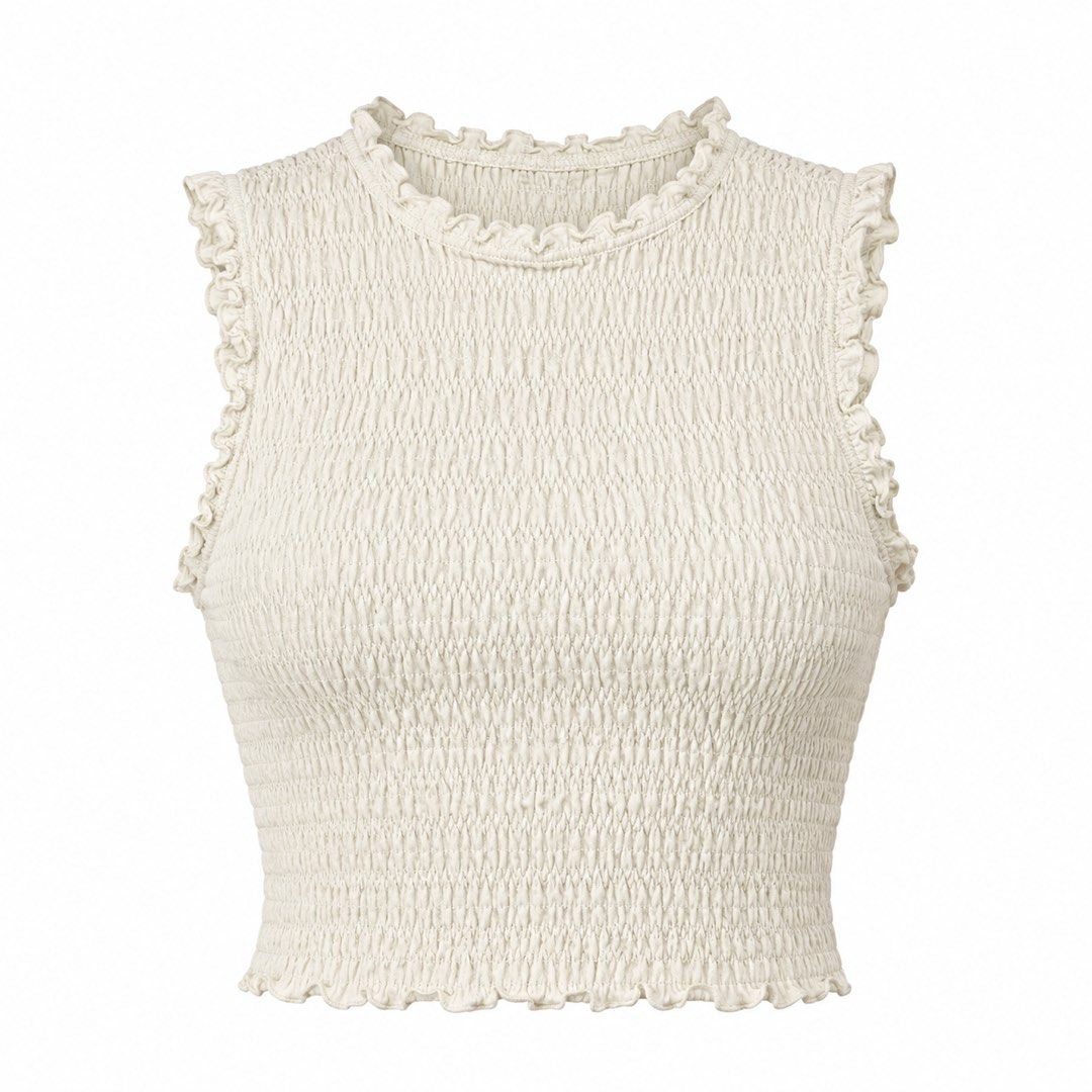H&M Divided White Smocked Ruffle Crop Top Size S (Category: Sleeveless) located in San Ildefonso. Submitted by rgdeclutters (Listing ID 1470002087, Image 1). Description: L - 15" W - 13".