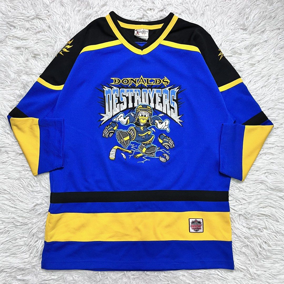 Hockey jersey (Category: Activewear) located in Baguio. Submitted by sellingtonshop (Listing ID 1469968994, Image 1). Description: u13. Donalds Destroyer Hockey Jersey #34 Donald Duck by Walt Disney Size: M fits L Dimes: 33*25 Condition: good as new Issue: none Mine: 880 Steal: 980 Grab: 1080.