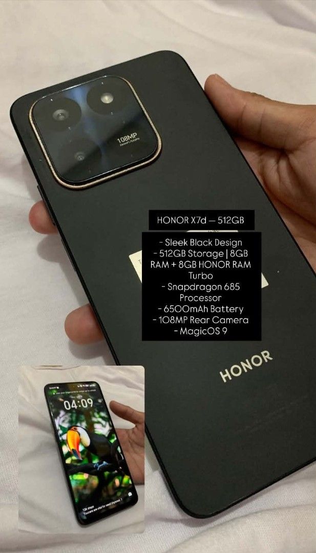Honor X7d 512 gb (Category: Android Others) located in Manila. Submitted by claudine.21 (Listing ID 1470031559, Image 1). Description: with box nd fast original charger. may drop and water resistance. 6 months pa lang nagagamit.