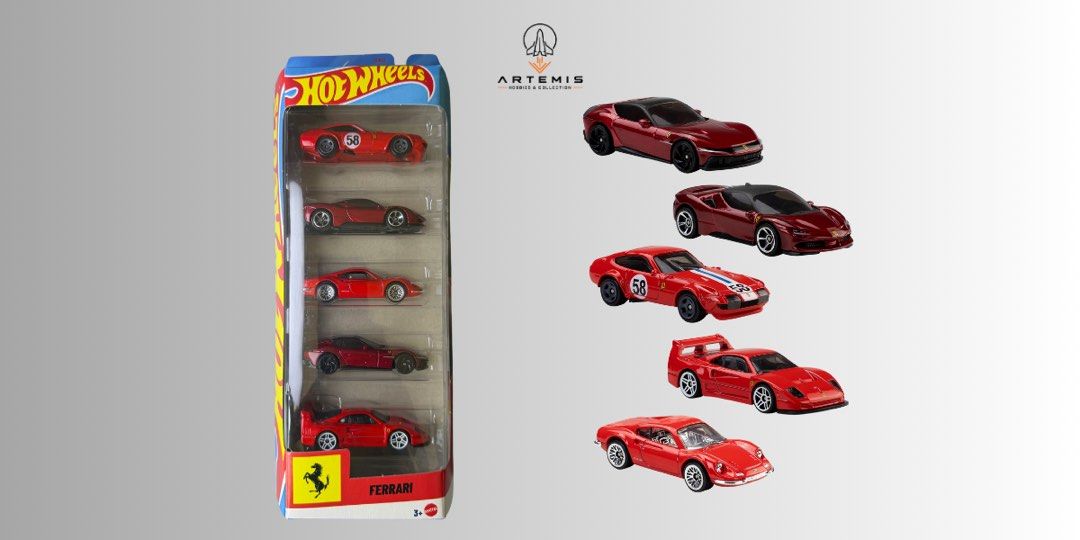 Hot Wheels Ferrari 2026 5-pack (Category: Vehicle & Diecast Models) located in Caloocan City. Submitted by artemishobbiesandcollection (Listing ID 1469952791, Image 1). Description: For sale Hot wheels Ferrari 2026 5-pack For ₱ 1,000 - Brand: Hot Wheels - Item: Ferrari 5-Car Pack - Source: Artemis Hobbies & Collection - Scale: 1:64 die-cast sports cars - Highlights: Includes iconic models like the Ferrari F40 and 250 GTO - Condition: Factory seal