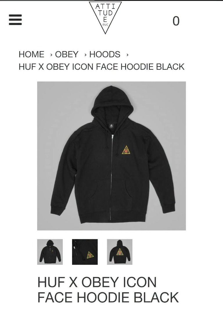 HUF x Obey Icon Face Hoodie (Category: Coats, Jackets and Outerwear) located in Santo Tomas. Submitted by pickers_corner (Listing ID 1469996021, Image 1). Description: HUF x OBEY skate hoodie size L dime 25x30 excellent condition no issue - Brand: HUF x Obey - Item: Zip-Up Hoodie - Color: Black - Size: Large - Material: Heavyweight cotton with fleece lining - Details: Iconic triangular graphic on back, embroidered logo on front left chest - Featu