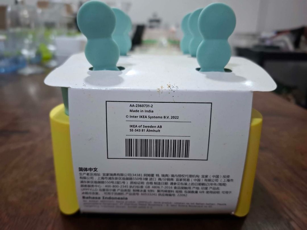 IKEA UPPFYLLD Ice Pop Mould Set (Category: Other Kitchenware & Tableware) located in Pasig City. Submitted by dripcounty (Listing ID 1470026443, Image 3). Description: IKEA UPPFYLLD Ice Pop Mould Set ₱100 Bought in the Philippines Condition: Like new IKEA UPPFYLLD ice pop maker with six moulds, six handles and yellow stand in original packaging. Packaging has storage marks. Actual item shown in photos. Delivery fee shouldered by buyer (Lalamove /