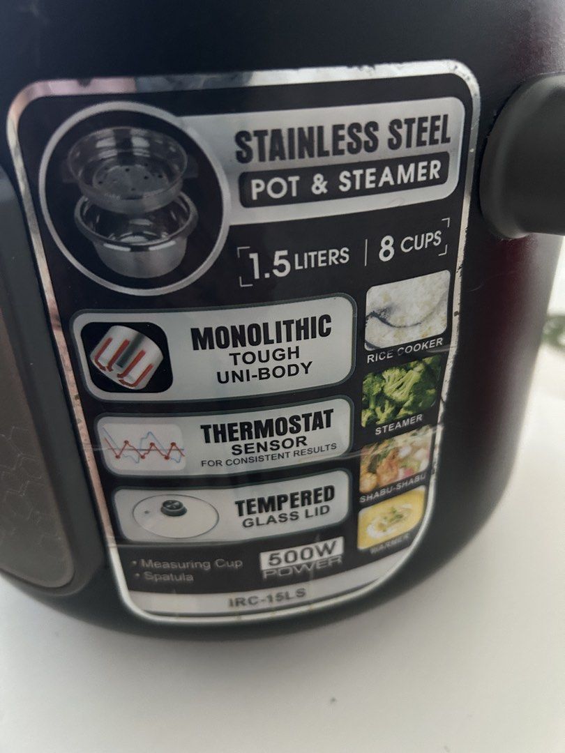 Imarflex 4 in 1 Multi-Cooker IRC-15LS (Category: Cookers) located in Taguig. Submitted by riaph2025 (Listing ID 1470000118, Image 2). Description: - Brand/Model: Imarflex 4-in-1 Multi-Cooker (IRC-15LS) - Color & Build: Black body with durable stainless steel pot & steamer insert - Capacity: 1.5 liters (holds up to 8 cups) - Power: 500W, energy-efficient - Settings: Cook and Warm functions with clear indicator lights - Design: Monolithic uni-body 