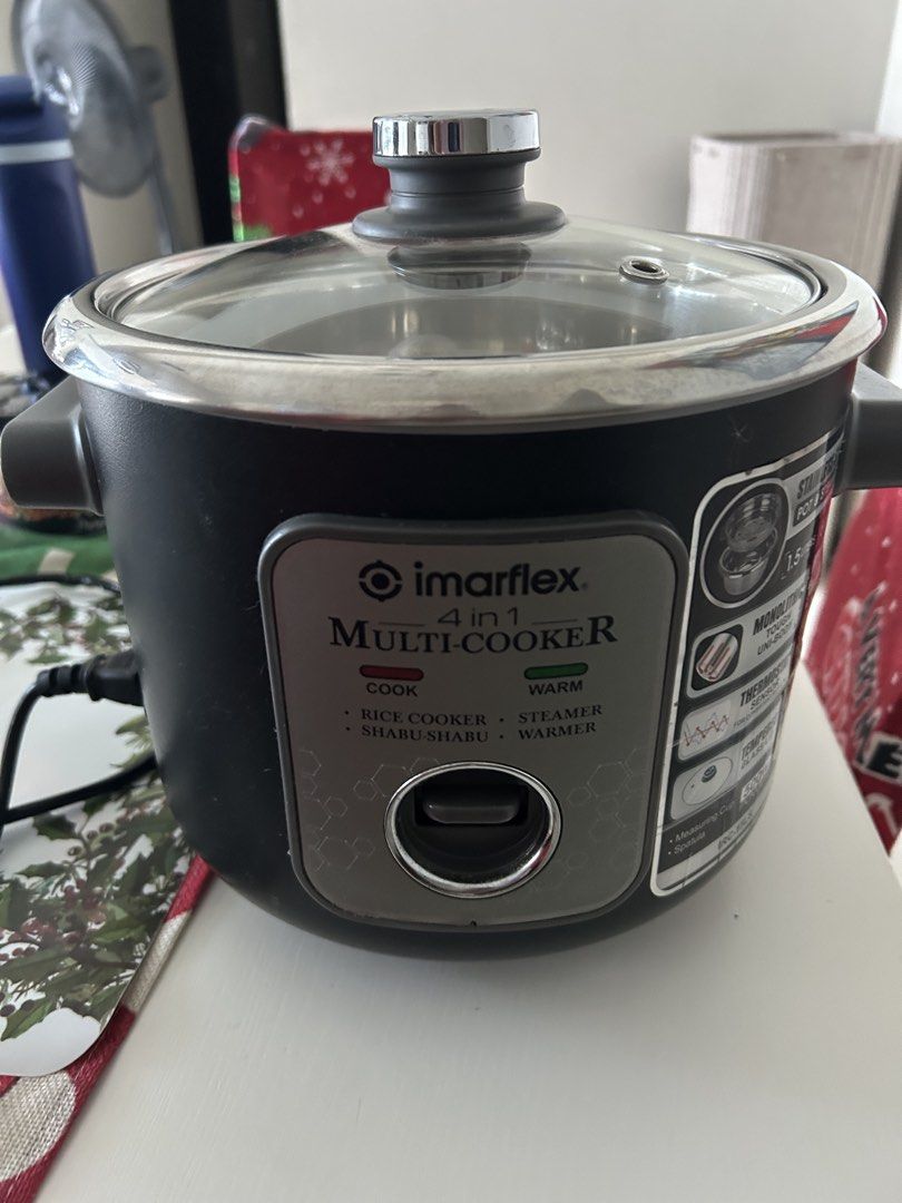 Imarflex 4 in 1 Multi-Cooker IRC-15LS (Category: Cookers) located in Taguig. Submitted by riaph2025 (Listing ID 1470000118, Image 1). Description: - Brand/Model: Imarflex 4-in-1 Multi-Cooker (IRC-15LS) - Color & Build: Black body with durable stainless steel pot & steamer insert - Capacity: 1.5 liters (holds up to 8 cups) - Power: 500W, energy-efficient - Settings: Cook and Warm functions with clear indicator lights - Design: Monolithic uni-body 