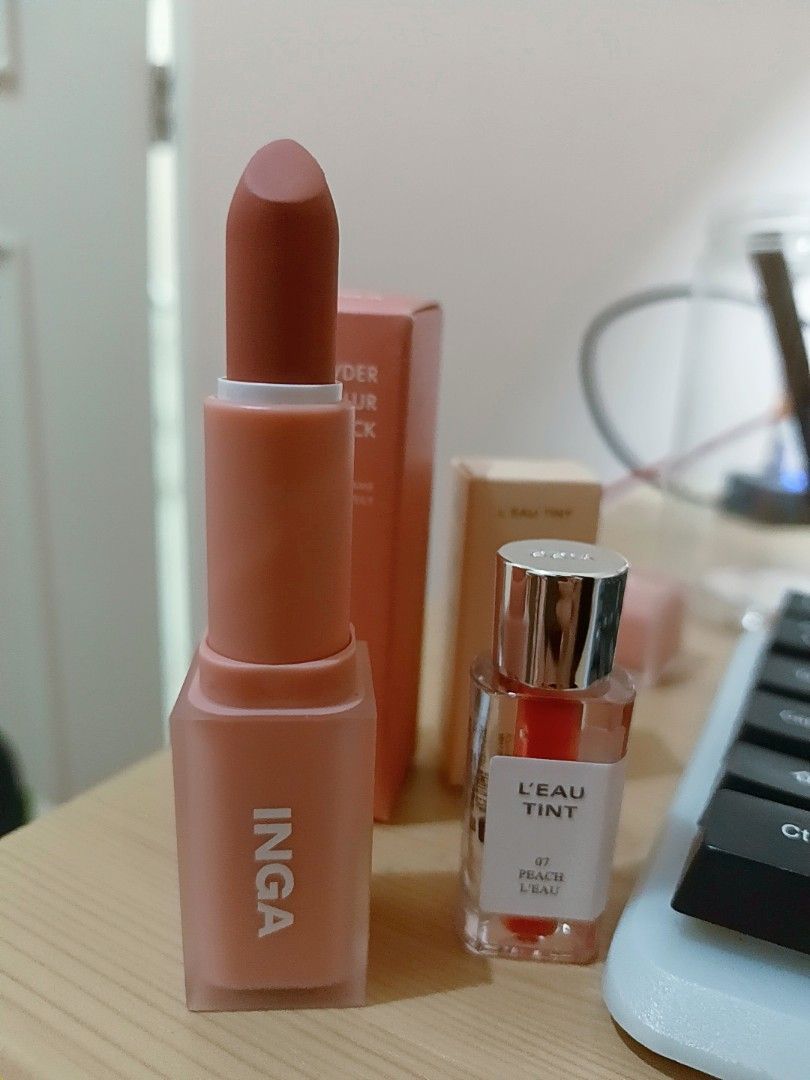INGA Powder Blur Lipstick & BBIA L'Eau Tint (Category: Makeup) located in Angeles City. Submitted by wanday_dreamer (Listing ID 1469966791, Image 3). Description: Korean makeup bundle includes INGA Powder Blur Lipstick in Nudy Vely and BBIA L'Eau Tint in 07 Peach L'Eau. Both items unused in original boxes. Expiry dates printed on the bottom flaps are 2028-09-04 for INGA and 2027-01-05 for BBIA. Please note: Lipstick has been swiped on hand for re