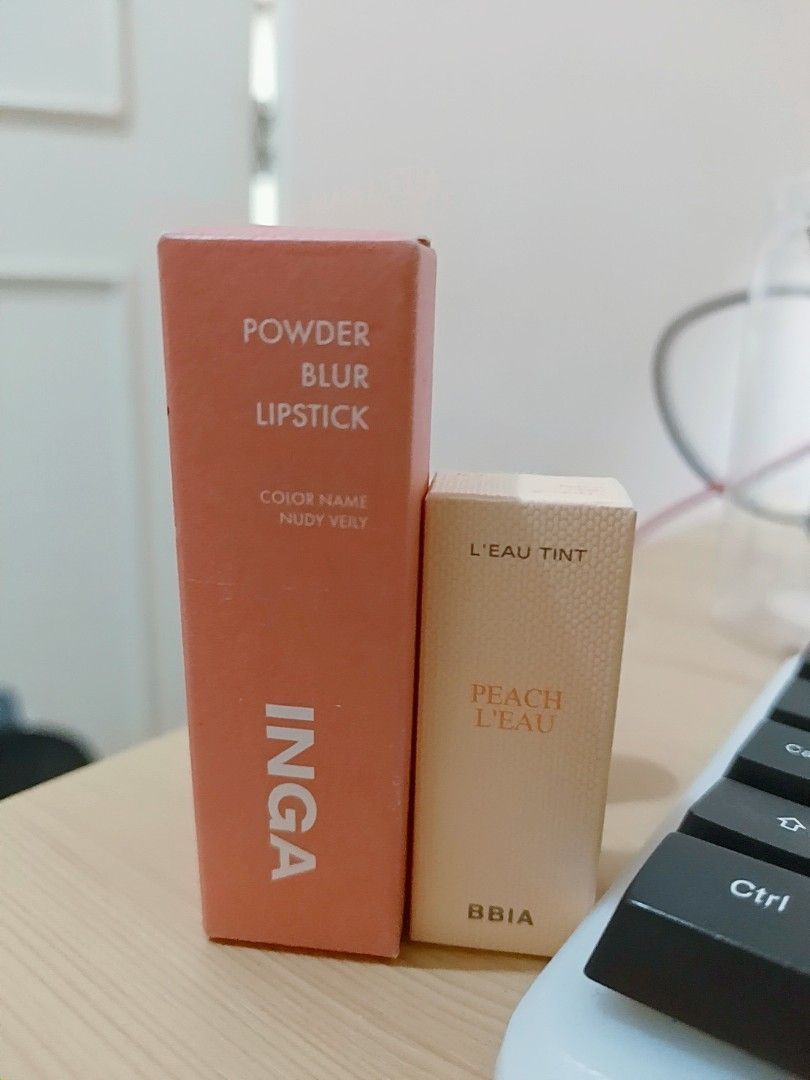 INGA Powder Blur Lipstick & BBIA L'Eau Tint (Category: Makeup) located in Angeles City. Submitted by wanday_dreamer (Listing ID 1469966791, Image 1). Description: Korean makeup bundle includes INGA Powder Blur Lipstick in Nudy Vely and BBIA L'Eau Tint in 07 Peach L'Eau. Both items unused in original boxes. Expiry dates printed on the bottom flaps are 2028-09-04 for INGA and 2027-01-05 for BBIA. Please note: Lipstick has been swiped on hand for re