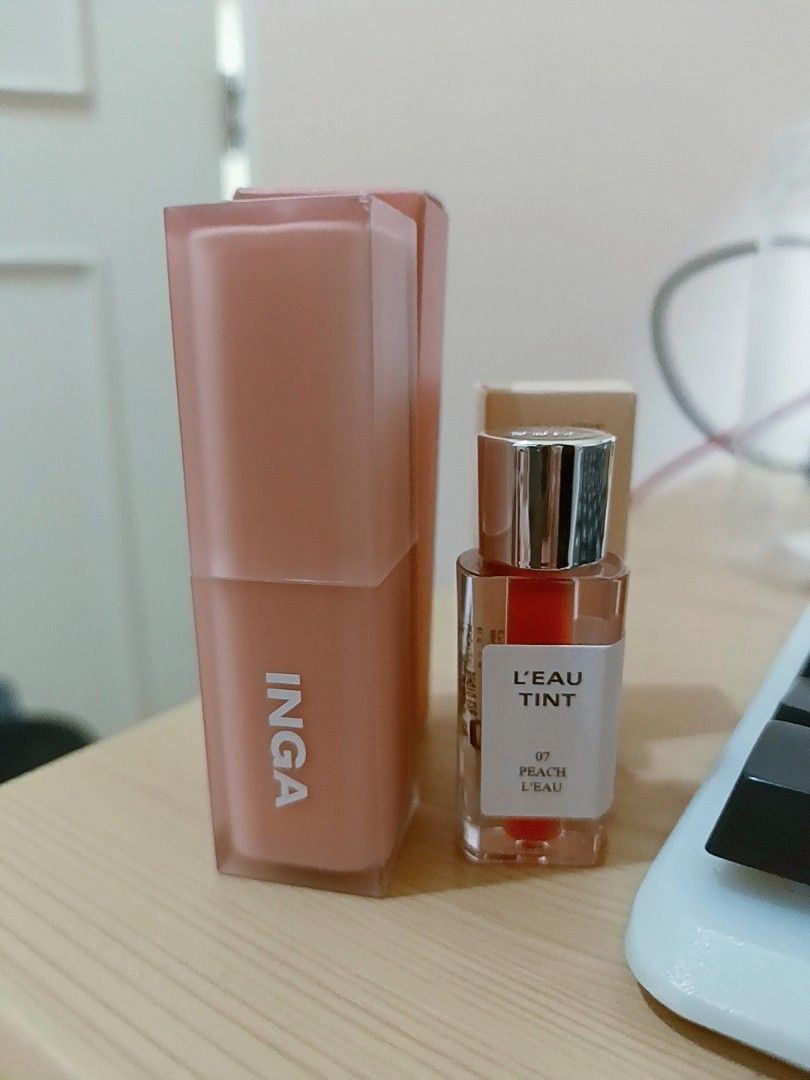 INGA Powder Blur Lipstick & BBIA L'Eau Tint (Category: Makeup) located in Angeles City. Submitted by wanday_dreamer (Listing ID 1469966791, Image 2). Description: Korean makeup bundle includes INGA Powder Blur Lipstick in Nudy Vely and BBIA L'Eau Tint in 07 Peach L'Eau. Both items unused in original boxes. Expiry dates printed on the bottom flaps are 2028-09-04 for INGA and 2027-01-05 for BBIA. Please note: Lipstick has been swiped on hand for re