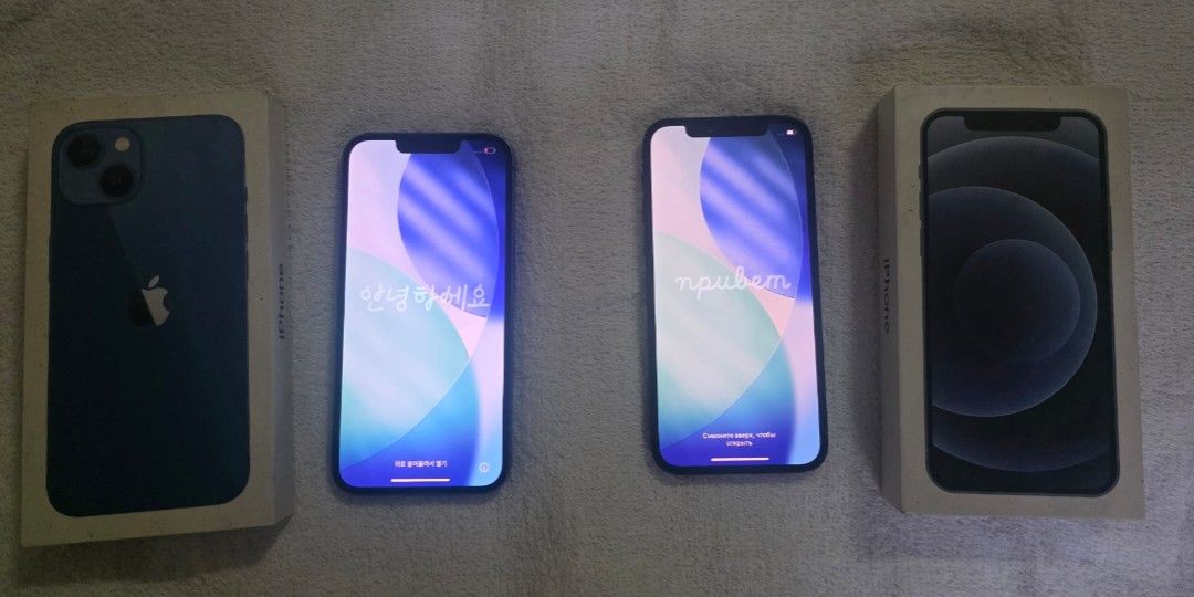 Iphone 12 128gb and 13 256gb (Category: iPhone 13 Series) located in Manila. Submitted by jmdizon1826514 (Listing ID 1469987839, Image 1). Description: Iphone 12 128gb dark blue Openline All parts original✅️ Never been repair✅️ Paint chips galing sa mga case / small dent Unit and rep. Box True tone ✅️ Face id ✅️ batt 72% Iphone 13 256gb blue Openline All parts original ✅️ Never been repair✅️ Paint chips galing sa mga case / dent onti Original box