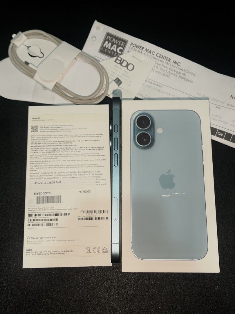iPhone 16 128GB (Category: iPhone 16 Series) located in Quezon City. Submitted by hazel.97 (Listing ID 1470103720, Image 3). Description: iPhone 16 128GB Teal • Brand new condition • Any Sim / Openline • Battery Orig: 89% ( 582 Cycle count ) • ZP/A NTC Approved • Fully functional / Ready to use • POWERMAC Purchased • No issue Inclusions: Original Box ( same serial ) Powermac Receipt Original Cord Sim Ejector All details already posted po! 📍Qc, S