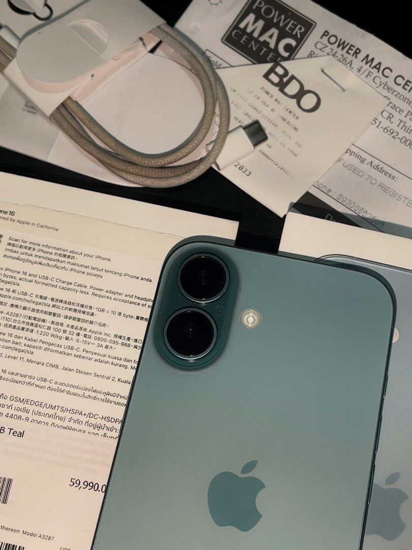 iPhone 16 128GB (Category: iPhone 16 Series) located in Quezon City. Submitted by hazel.97 (Listing ID 1470103720, Image 2). Description: iPhone 16 128GB Teal • Brand new condition • Any Sim / Openline • Battery Orig: 89% ( 582 Cycle count ) • ZP/A NTC Approved • Fully functional / Ready to use • POWERMAC Purchased • No issue Inclusions: Original Box ( same serial ) Powermac Receipt Original Cord Sim Ejector All details already posted po! 📍Qc, S