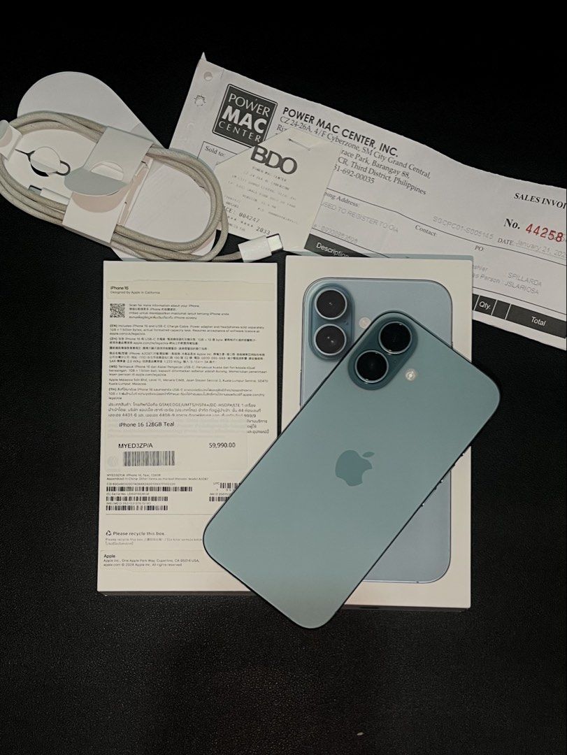 IPHONE 16 128GB (Category: Other Mobile & Gadget Accessories) located in Quezon City. Submitted by hazel.97 (Listing ID 1470103938, Image 1). Description: iPhone 16 128GB Teal • Brand new condition • Any Sim / Openline • Battery Orig: 89% ( 582 Cycle count ) • ZP/A NTC Approved • Fully functional / Ready to use • POWERMAC Purchased • No issue Inclusions: Original Box ( same serial ) Powermac Receipt Original Cord Sim Ejector All details already p