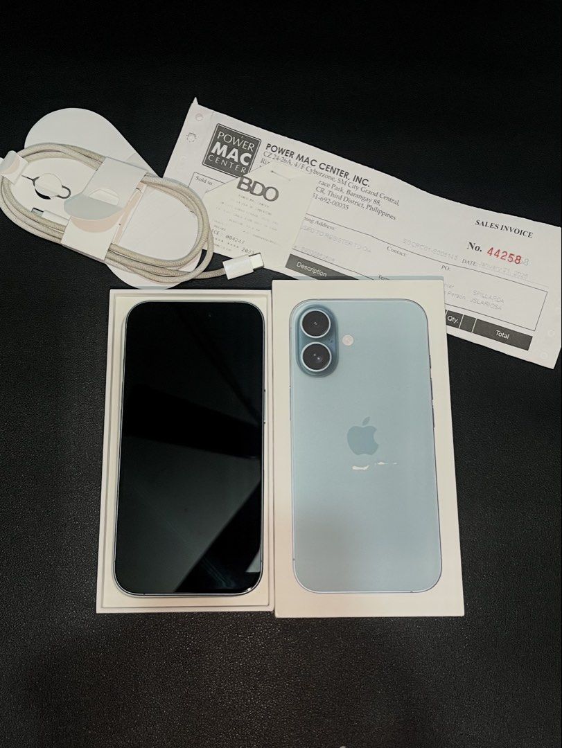 IPHONE 16 128GB (Category: Other Mobile & Gadget Accessories) located in Quezon City. Submitted by hazel.97 (Listing ID 1470103938, Image 2). Description: iPhone 16 128GB Teal • Brand new condition • Any Sim / Openline • Battery Orig: 89% ( 582 Cycle count ) • ZP/A NTC Approved • Fully functional / Ready to use • POWERMAC Purchased • No issue Inclusions: Original Box ( same serial ) Powermac Receipt Original Cord Sim Ejector All details already p