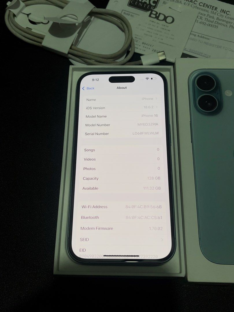 IPHONE 16 128GB (Category: Other Mobile & Gadget Accessories) located in Quezon City. Submitted by hazel.97 (Listing ID 1470103938, Image 3). Description: iPhone 16 128GB Teal • Brand new condition • Any Sim / Openline • Battery Orig: 89% ( 582 Cycle count ) • ZP/A NTC Approved • Fully functional / Ready to use • POWERMAC Purchased • No issue Inclusions: Original Box ( same serial ) Powermac Receipt Original Cord Sim Ejector All details already p