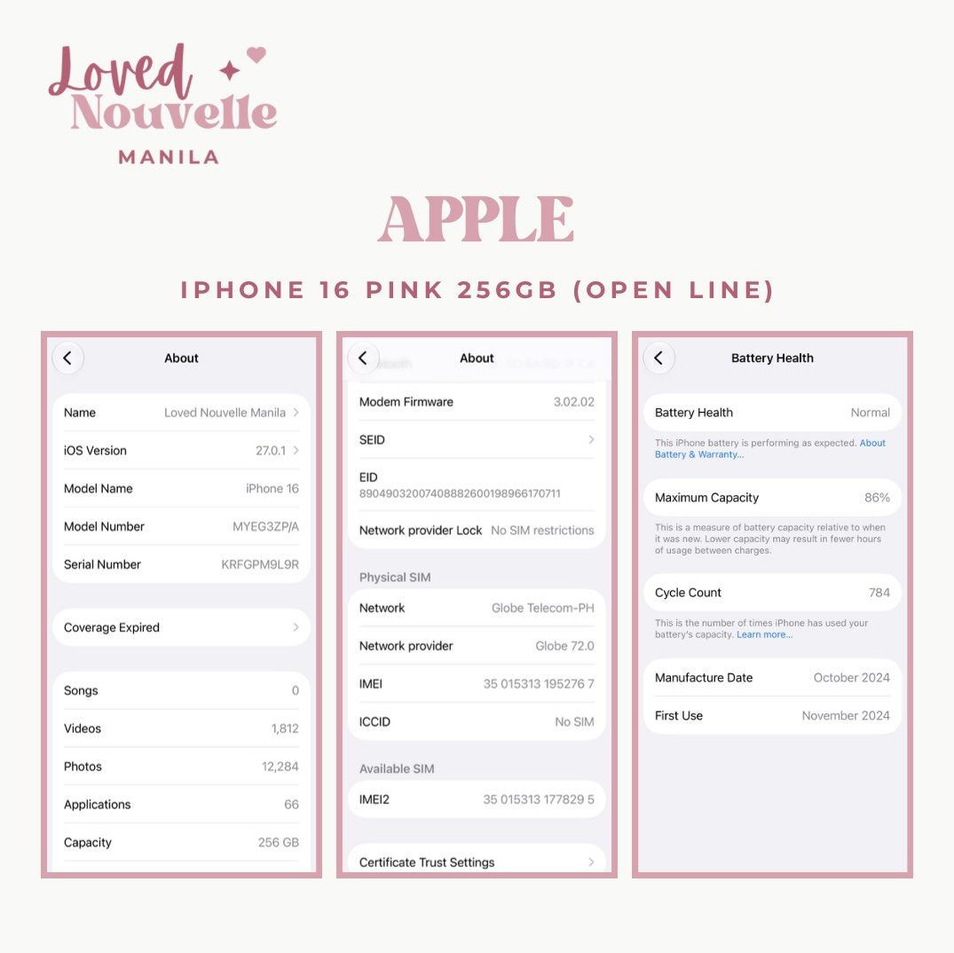 iPhone 16 Pink 256GB (Open Line) (Category: iPhone 16 Series) located in Mandaluyong City. Submitted by lovednouvellemanila (Listing ID 1470094825, Image 3). Description: PRE-LOVED Negotiable (PM us your price) Color may vary due to lighting Can Provide Discount and Free Shipping if will Purchase Immediately COD available via Gogo Express Can Provide Proof that it is Still Working No Sim Restrictions No Issues Light Scratches on Camera Side Butto