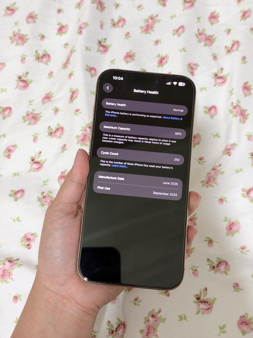 Iphone 16 Pro Max (Category: iPhone 16 Series) located in Manila. Submitted by daphne_4 (Listing ID 1470097277, Image 3). Description: Selling my Personal Phone ♥️ Iphone 16 Pro Max Desert Titanium 256 GB 96% Battery Health 250 Cycle Count No Sim Restrictions Spigen Tempered Glass Installed No Scratches and Dents No issue Inclusion: Box (Same imei + 2 cases— Spigen clear case and Pink Apple case) P50,000.