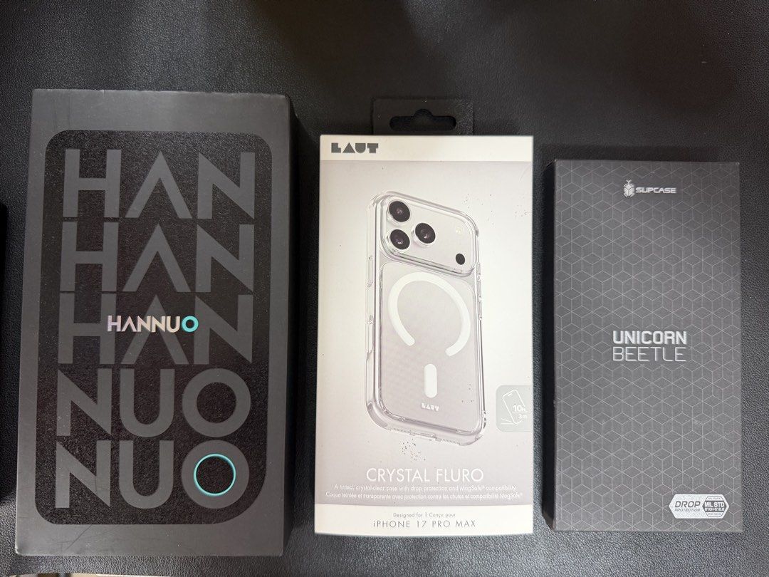 iPhone 17 Pro Max Cases (Category: Cases & Sleeves) located in Marikina City. Submitted by jmgtech (Listing ID 1469990024, Image 1). Description: For sale 1. Laut Clear Case - Bought for PHP 1,590. Selling for PHP 800 2. Supcase Unicorn Beetle - Bought for PHP 1,076. Selling for PHP 600 3. Hannao Fabric Phone case - Bought for PHP 1,553. Selling for PHP 800. Take all PHP 2,000. RFS: Decluttering. Hinde na kailagan. Please look at the pictures and