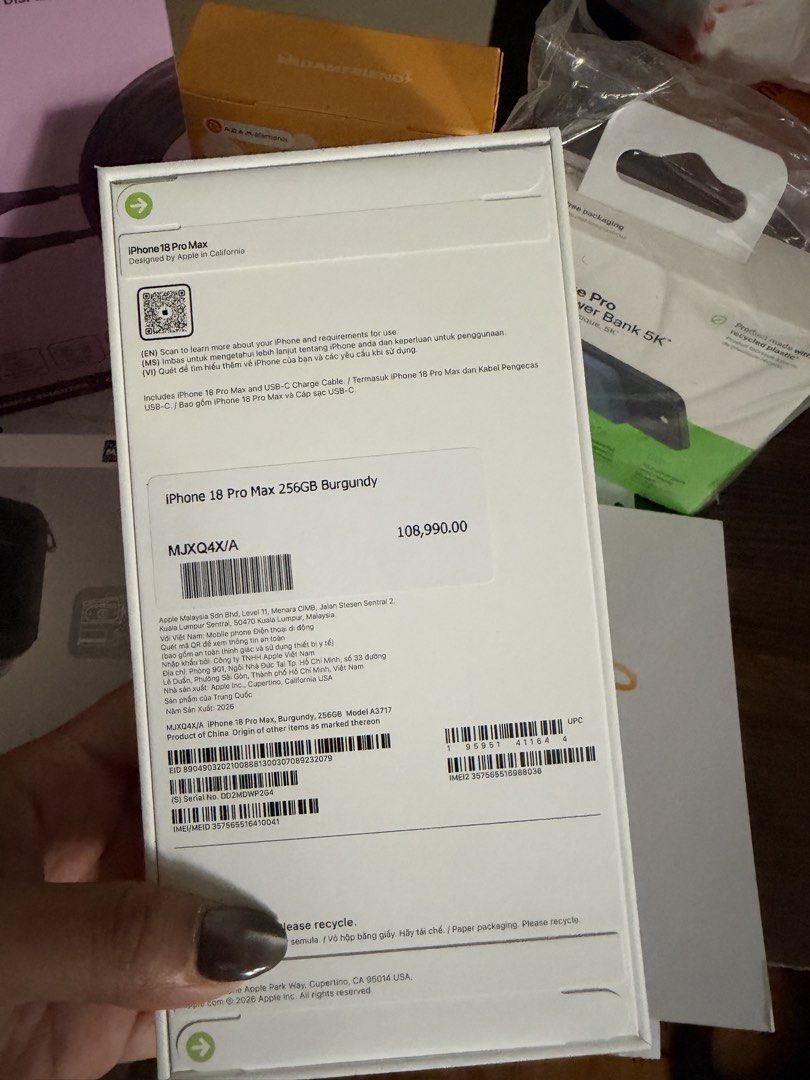 Iphone 18 Promax BRAND NEW SEALED (Category: Announcements) located in Cavite. Submitted by mhzlgsc (Listing ID 1469957418, Image 2). Description: Brand New Sealed Iphone 18 Promax ‼️ ₱95,990 Lower than Srp Inclusion ‼️ • 5,000 voucher Iprotect (AppleCare Services products) • 3,000 voucher (valid on cases and screen protectors) • smart cable • Belkin Magnetic powerbank • Wrist strap • Adam Elements 45w Can Dual Usb -C Compact charger Meet Up arou
