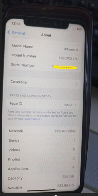 Iphone x 256 GB (Category: iPhone X Series) located in Kuala Lumpur. Submitted by rajvivrobo08914 (Listing ID 1469974708, Image 2). Description: Iphone X -256 face id issue Back camera shaking but if you choose other option mode is work fine okay Front camera okay battery uknown .