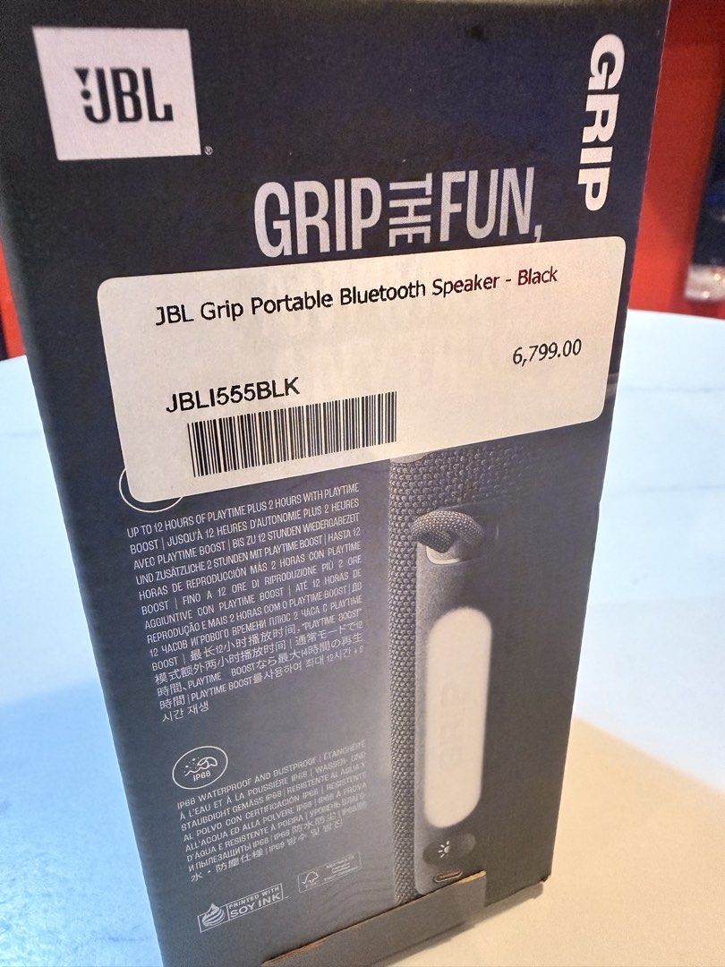 JBL Grip Portable Bluetooth Speaker Black (Category: Soundbars, Speakers & Amplifiers) located in Manila. Submitted by janicauy (Listing ID 1469949246, Image 2). Description: - Brand new, sealed in original retail box - Color: Black - Up to 14 hours total playtime with boost mode - IP68 water and dustproof rating for outdoor durability - Latest Bluetooth 5.4 connectivity.