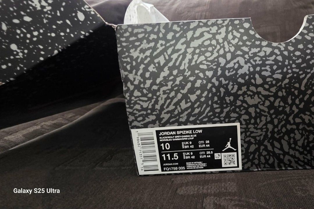 Jordan Spizike Low Black Wolf Grey Gamma Blue (Category: Sneakers) located in Manila. Submitted by backdraft26 (Listing ID 1470065512, Image 1). Description: - Model: Jordan Spizike Low (Black / Wolf Grey / Gamma Blue) - Size: Men's US 10 / Women's US 11.5 - Condition: Brand New / Deadstock with Original Box - Design: Black tumbled leather upper with iconic elephant print overlays - Details: Vibrant gamma blue accents on the lace locks, eyelets, 