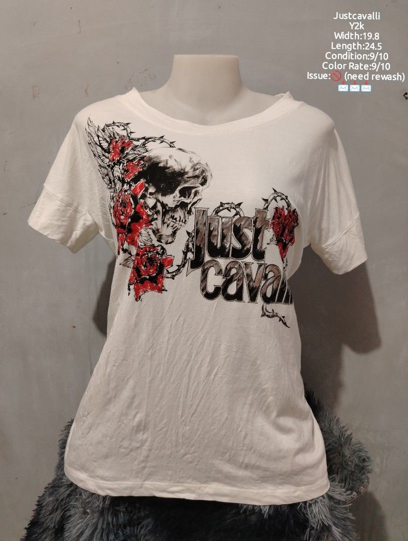 JustCavalli (Y2k) (Category: Shirts) located in Bocaue. Submitted by adrianberi35876 (Listing ID 1469985469, Image 1). Description: Justcavalli (Womens) Y2k Width:19.8 Length:24.5 Streachable Condition:9/10 Color Rate:9/10 Issue:🚫 (need rewash) 📩📩.