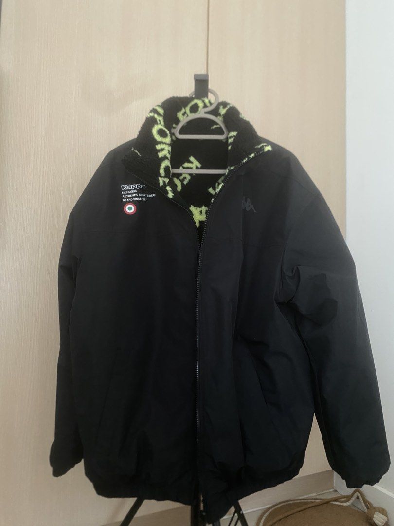 Kappa Reversible Fleece & Windbreaker Jacket (Neon / Black) (Category: Coats, Jackets and Outerwear) located in Manila. Submitted by immanuel2bc (Listing ID 1469999372, Image 2). Description: See the fit of my last photo. Up for sale is a rare Kappa reversible jacket featuring a sleek black outer shell on one side and an eye-catching neon green/yellow all-over logo fleece on the inside/reverse. High-quality construction with great weight and text