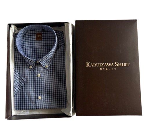 Karuizawa Shirt SS Button Down (Category: Formal Shirts) located in Dasmarinas. Submitted by sjo101 (Listing ID 1470089328, Image 1). Description: Karuizawa Shirt short sleeve button-down. Blue and black checked pattern. Comes packed inside its original brown branded gift box. Width 21” Shoulder 18” Length 28.5” RFS: wrong size.
