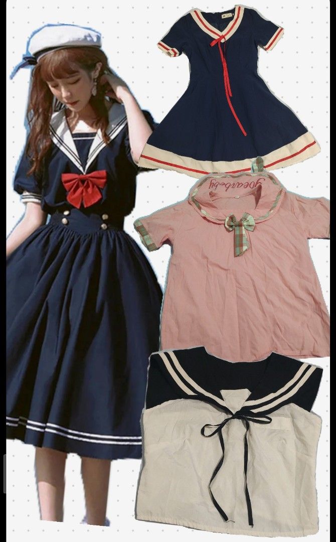 Kawaii Japanese Sailor Bundle 🎀 (Category: Dresses) located in Manila. Submitted by justameowy (Listing ID 1470125989, Image 1). Description: Selling this cute Japanese kawaii clothing bundle! 💗 Perfect for anyone who loves sailor style, coquette, soft girl, and cute Japanese fashion. - 2-piece Japanese sailor dresses and 2 sailor top Bundle includes 4 pieces: 💙 1 Navy blue sailor-style dress with red ribbon 🎀 1 Navy blue dress with sailor co