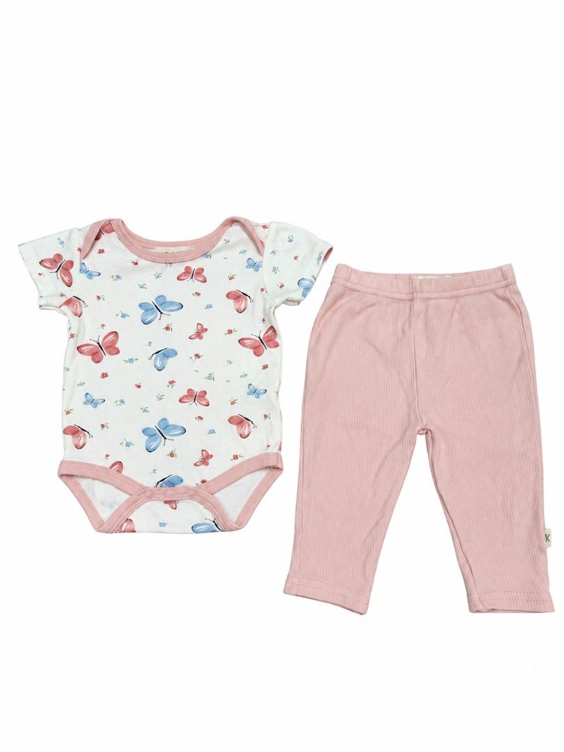 Kit + Pearl Outfit Set (3-6M) (Category: Babies & Kids Fashion) located in Angeles City. Submitted by aeapreloved (Listing ID 1469985068, Image 1). Description: Baby Butterfly Outfit Set 🦋🩷 • 2-piece set: short-sleeve bodysuit and pants • White cream bodysuit with cute blue and dusty pink butterfly prints • Dusty pink ribbed pants with elastic waistband • Soft, comfortable fabric for everyday wear • Snap-button closure for easy diaper changes P