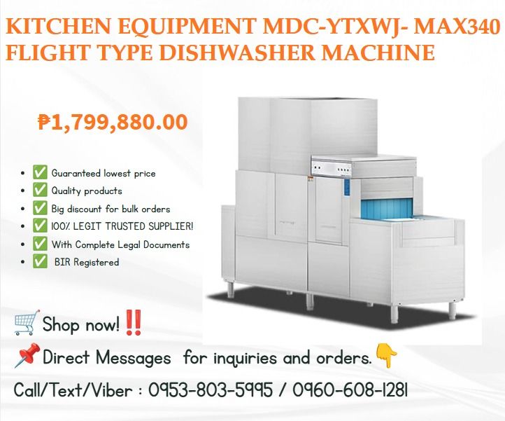 Kitchen Equipment MDC-YTXWJ- MAX340 flight type dishwasher MACHINE (Category: Everything Else Others) located in Aroroy. Submitted by 09602831019 (Listing ID 1469949587, Image 1). Description: 1.Standard configuration: one main washing, one rinsing, one drying 2.Total power: 42.4kW (total gas heating power: 24.4KW) 3.Working power supply: 380V/50Hz 4.Water consumption: 0.5t/h (0.5 cubic meters) 5.Maximum height of tableware: 150mm 6.Cleaning capa