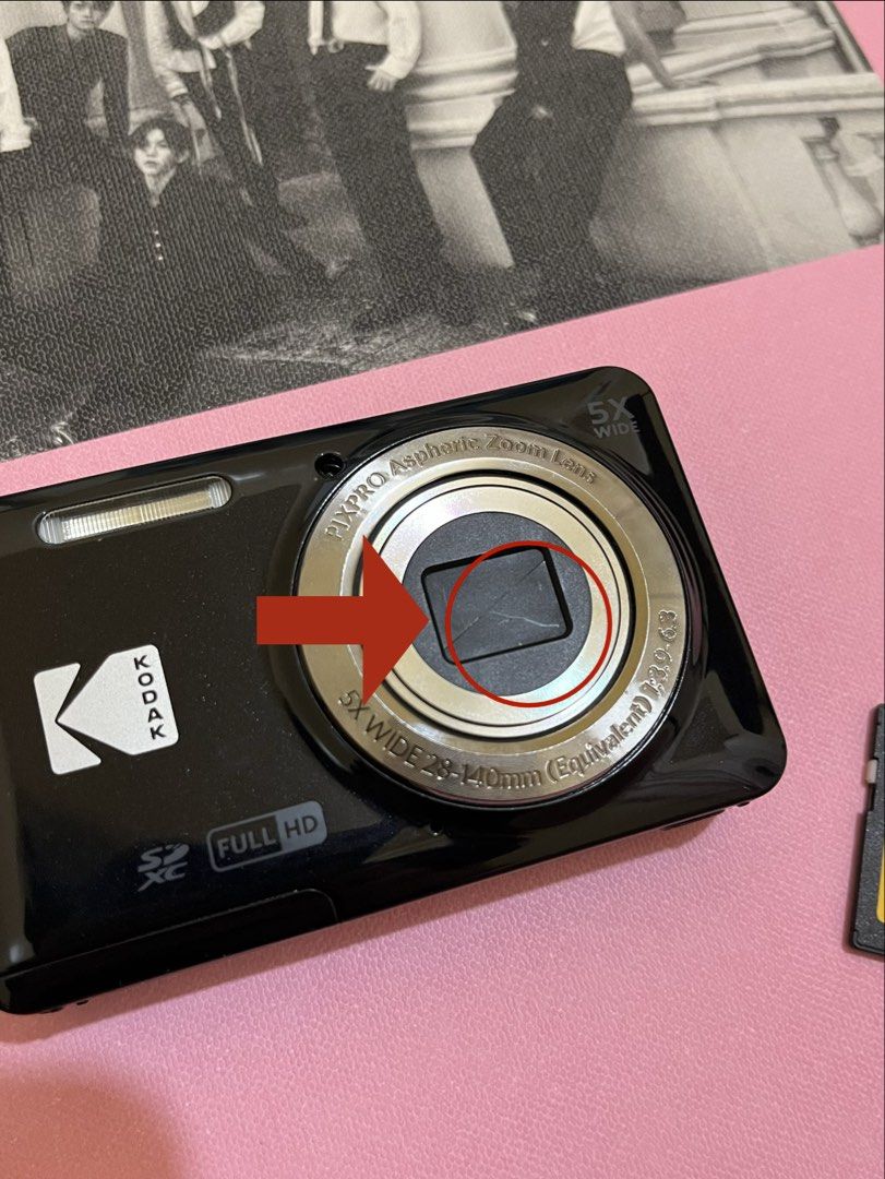 Kodak PixPro Fz55 Digital Camera (Category: Cameras) located in Santa Rosa. Submitted by madzzz04 (Listing ID 1470136812, Image 2). Description: - Model: Black Kodak PixPro Digital Camera - Optics: 5X wide zoom lens (28-140mm equivalent) - Video: Full HD video capability - Condition: Powers up normally, ready to shoot - Included: Attached wrist strap and Kodak micro SD card 64GB - Flaw: Tiny hairline scratch on the lens barrier blades (strictly c