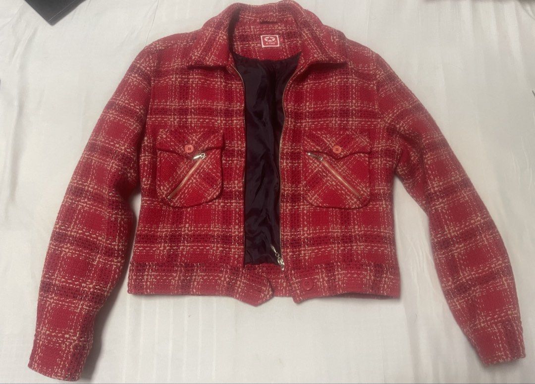 K-Two Red Tweed Plaid Cropped Jacket Size S (Category: Coats, Jackets and Outerwear) located in Mandaluyong City. Submitted by mgrrgm (Listing ID 1470107319, Image 1). Description: - Brand/Model: K-Two red and cream plaid tweed jacket - Size: S - Fit & Style: Cropped fit with a classic lapel collar and zip-up front - Pockets: Two front chest pockets with button closure and stylish zipper accents - Interior: Fully lined in black - Care: Specialist
